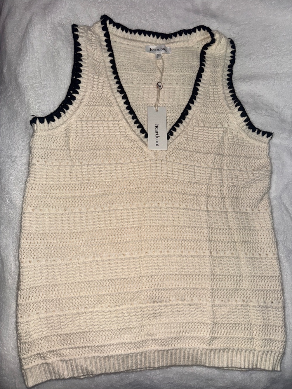 Heartloom Cream Crochet V-Neck Tank with Black Scallop Trim